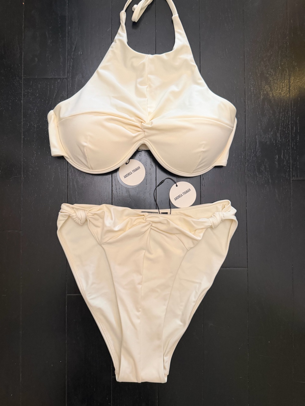NWT Andrea Iyamah 🤍 White Cream High-Neck Bikini with Knot Accents